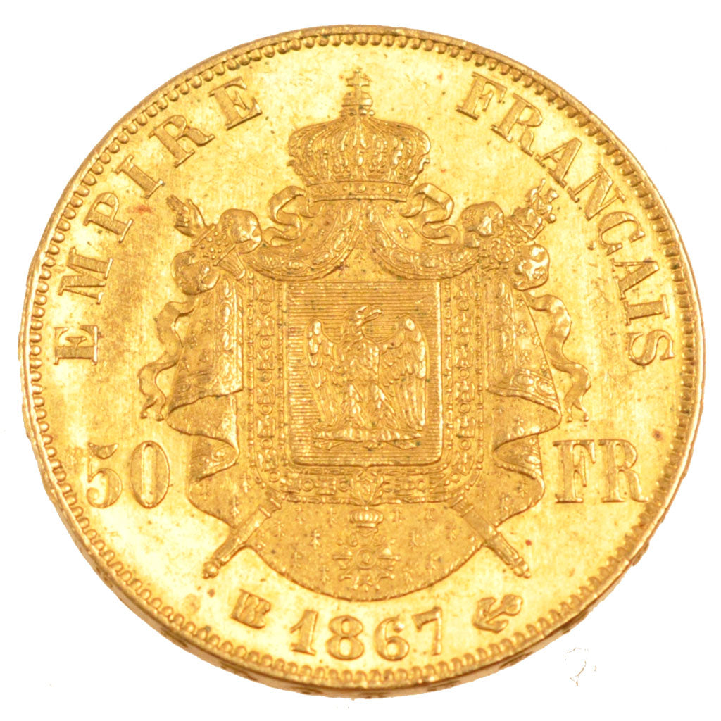FRANCE, Napoléon III, 50 Francs, 1867, Strasbourg, KM #804.2, AU(55-58), Gold, G