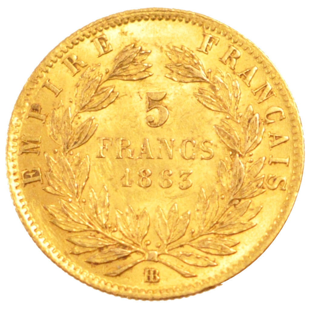 FRANCE, Napoléon III, 5 Francs, 1863, Strasbourg, KM #803.2, AU(50-53), Gold, G.