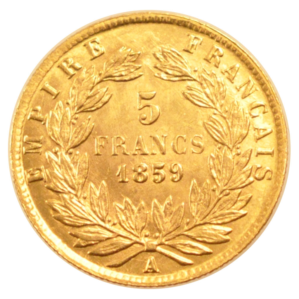 FRANCE, 5 Francs, 1859, Paris, AU(55-58), Gold, Gadoury #1001, 1.55