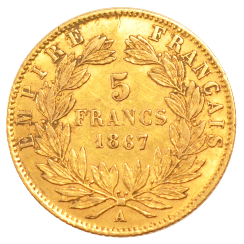 FRANCE, Napoléon III, 5 Francs, 1867, Paris, KM #803.1, AU(50-53), Gold, Gadoury