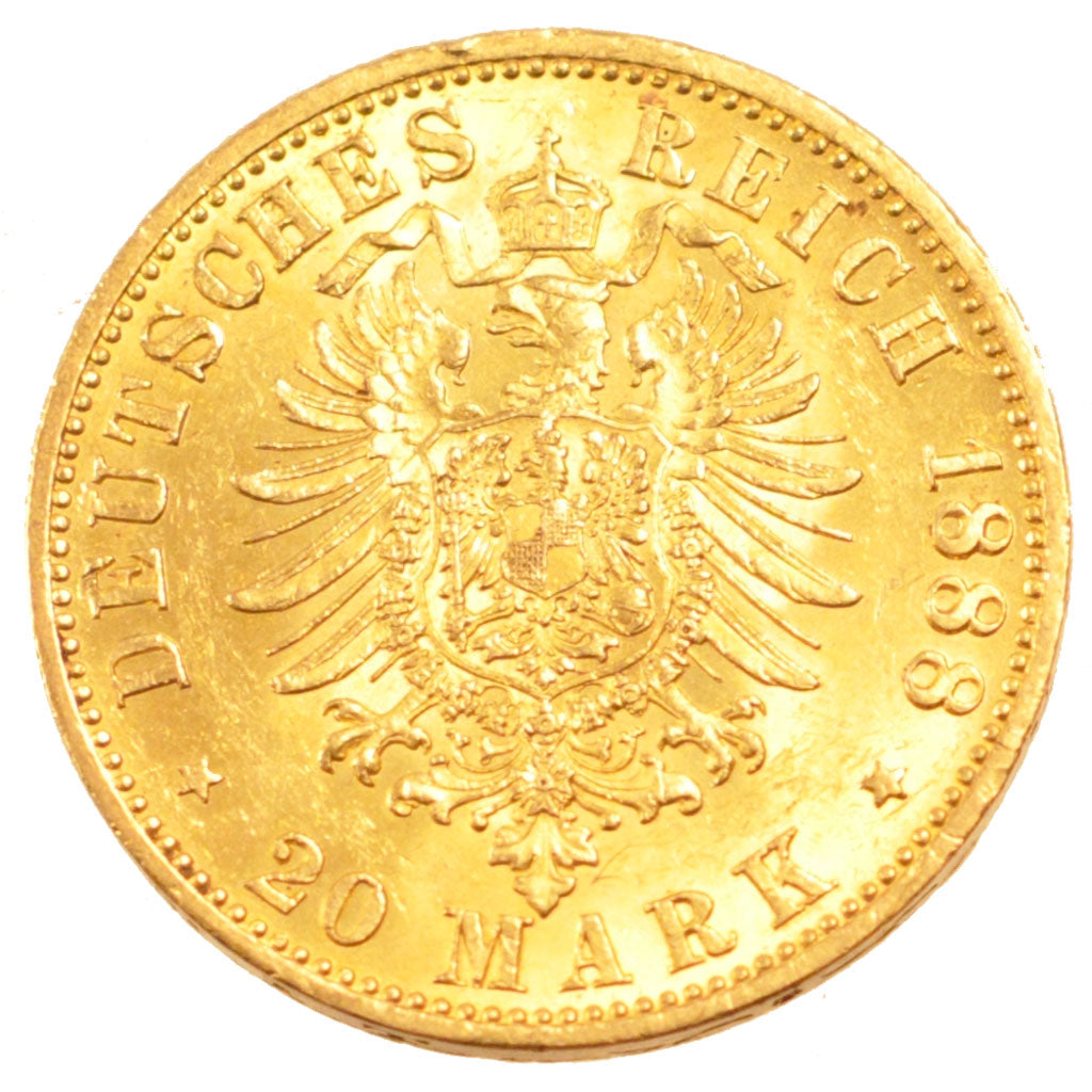 GERMAN STATES, 20 Mark, 1888, Berlin, KM #515, AU(55-58), Gold, 7.95