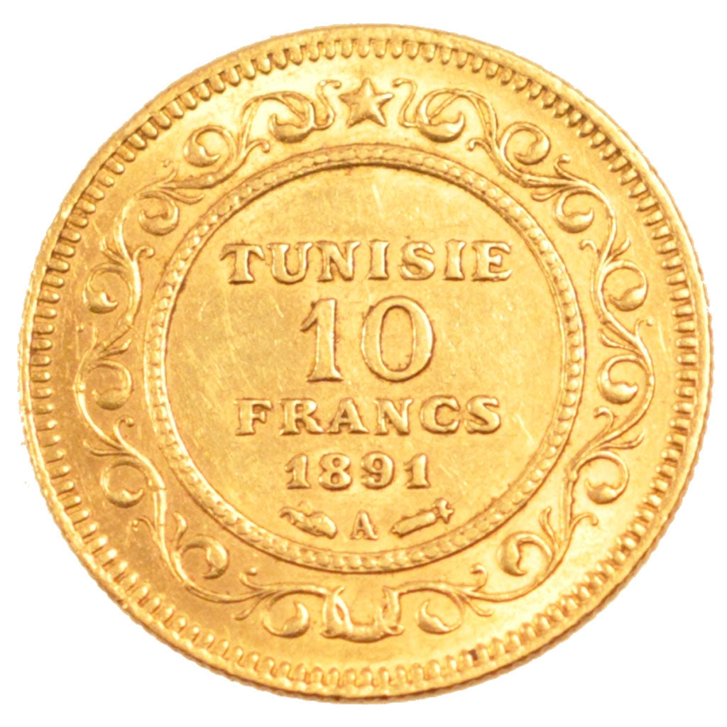TUNISIA, 10 Francs, 1891, Paris, KM #226, EF(40-45), Gold, 3.23