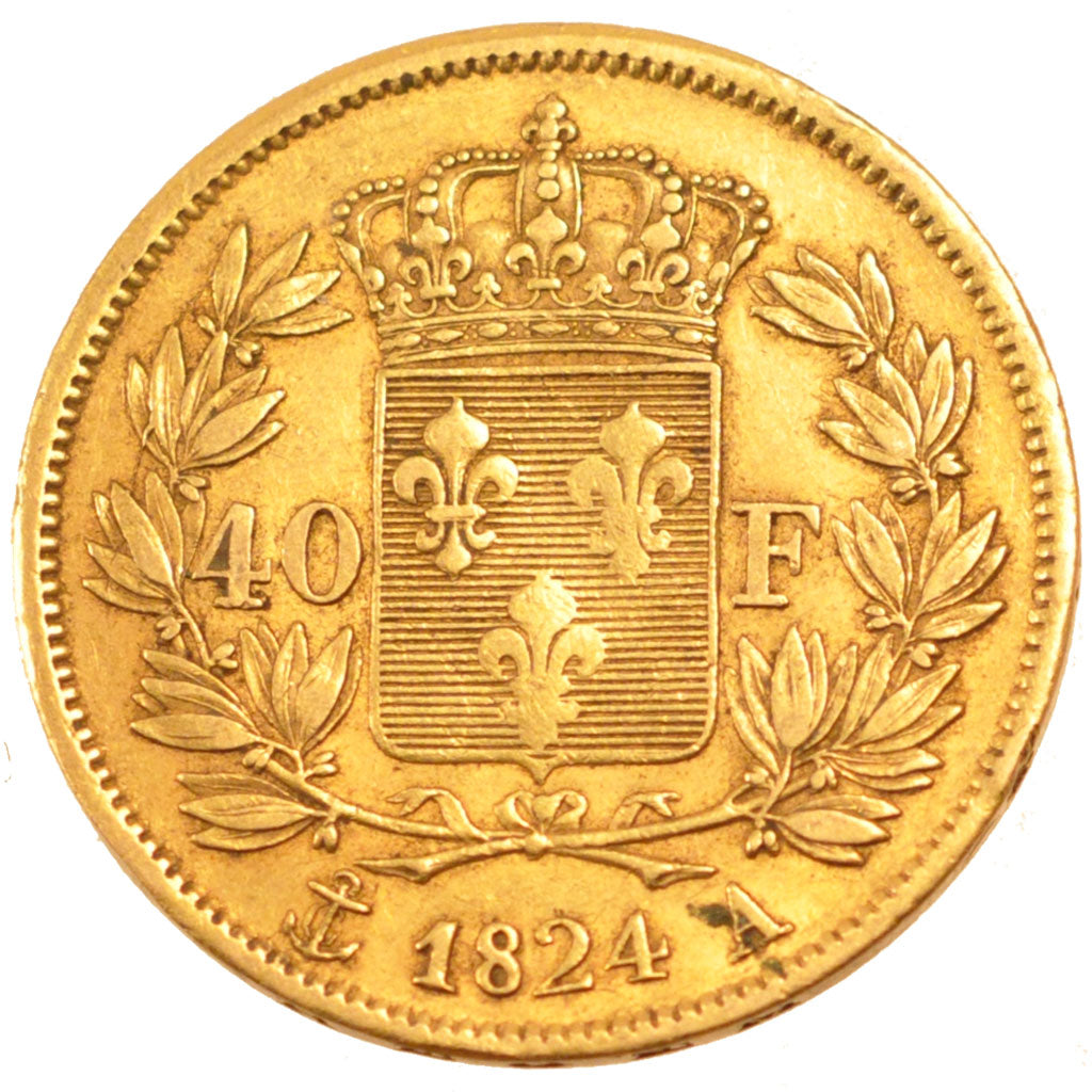 FRANCE, Charles X, 40 Francs, 1824, Paris, KM #721.1, EF(40-45), Gold, Gadoury..