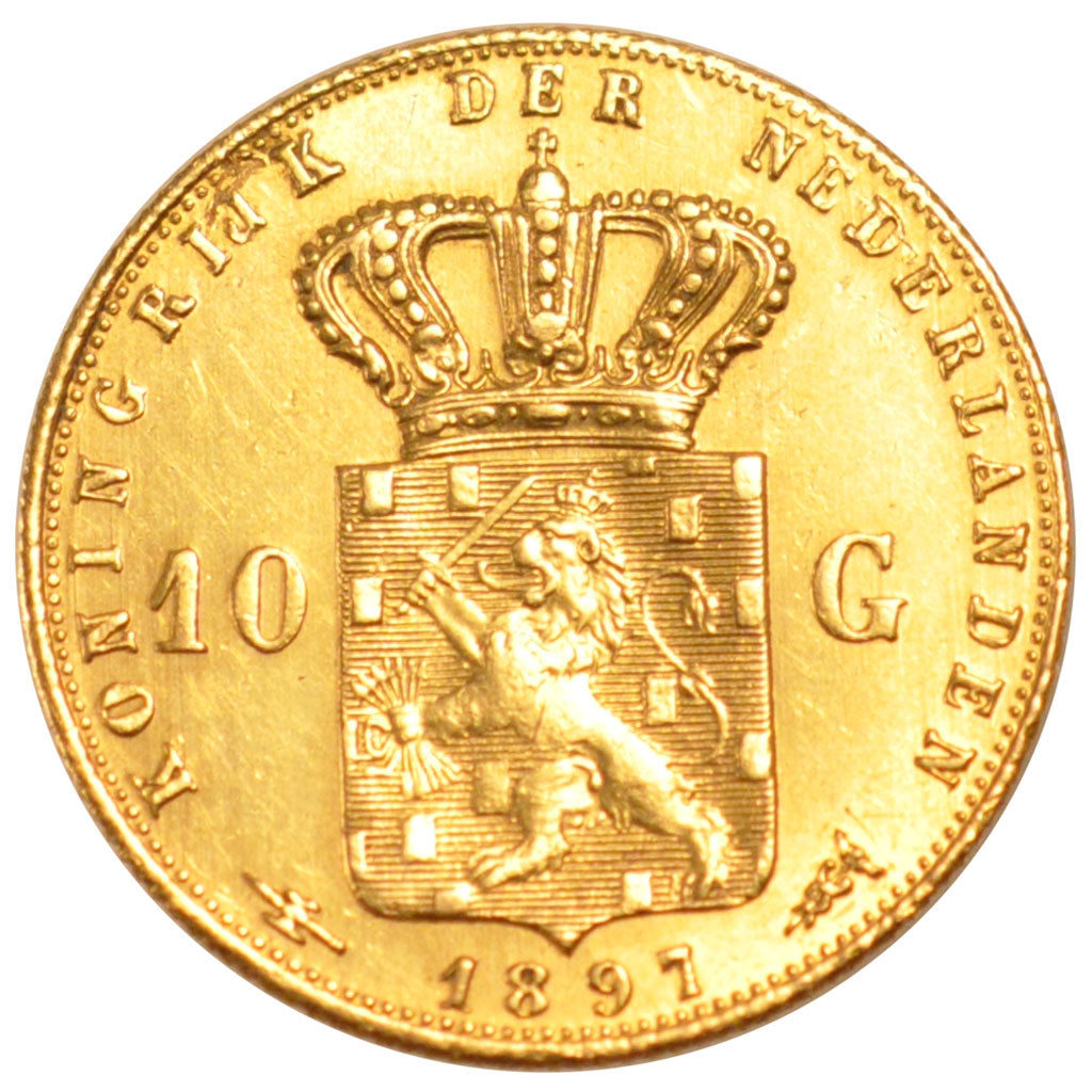 NETHERLANDS, 10 Gulden, 1897, KM #118, EF(40-45), Gold, 22.5, 6.70
