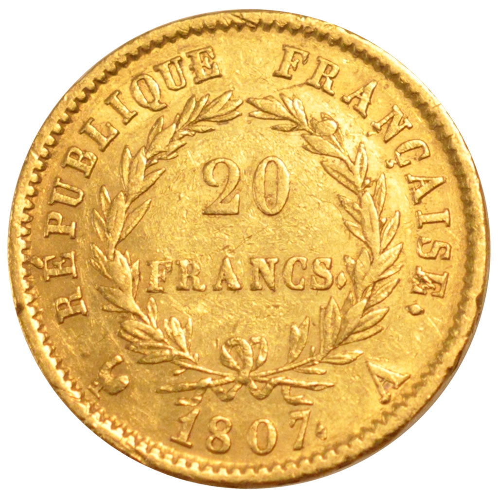 FRANCE, Napoléon I, 20 Francs, 1807, Paris, KM #A687.1, VF(30-35), Gold, Gadoury