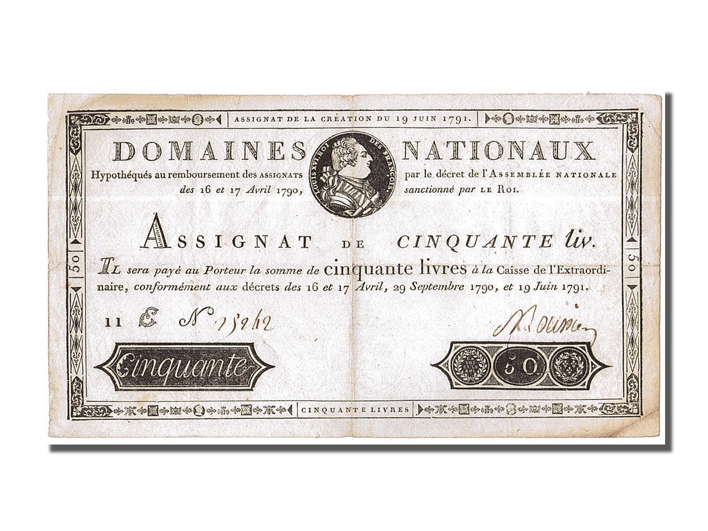 France, 50 Livres, 1791, KM #A43, 1791-06-19, AU(55-58), 11 E N° 25242...
