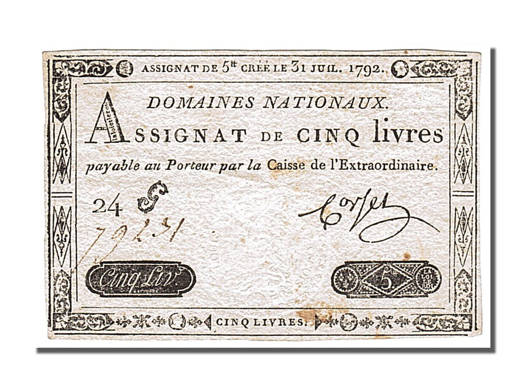 France, 5 Livres, 1792, KM #A61, 1792-07-31, AU(55-58), 24 G N° 79231, Lafauri..