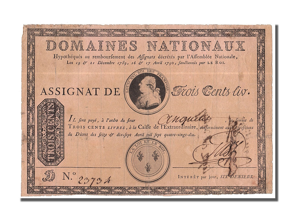 FRANCE, 300 Livres, 1790, 1790-12-21, EF(40-45), D N° 23734, Lafaurie #124...
