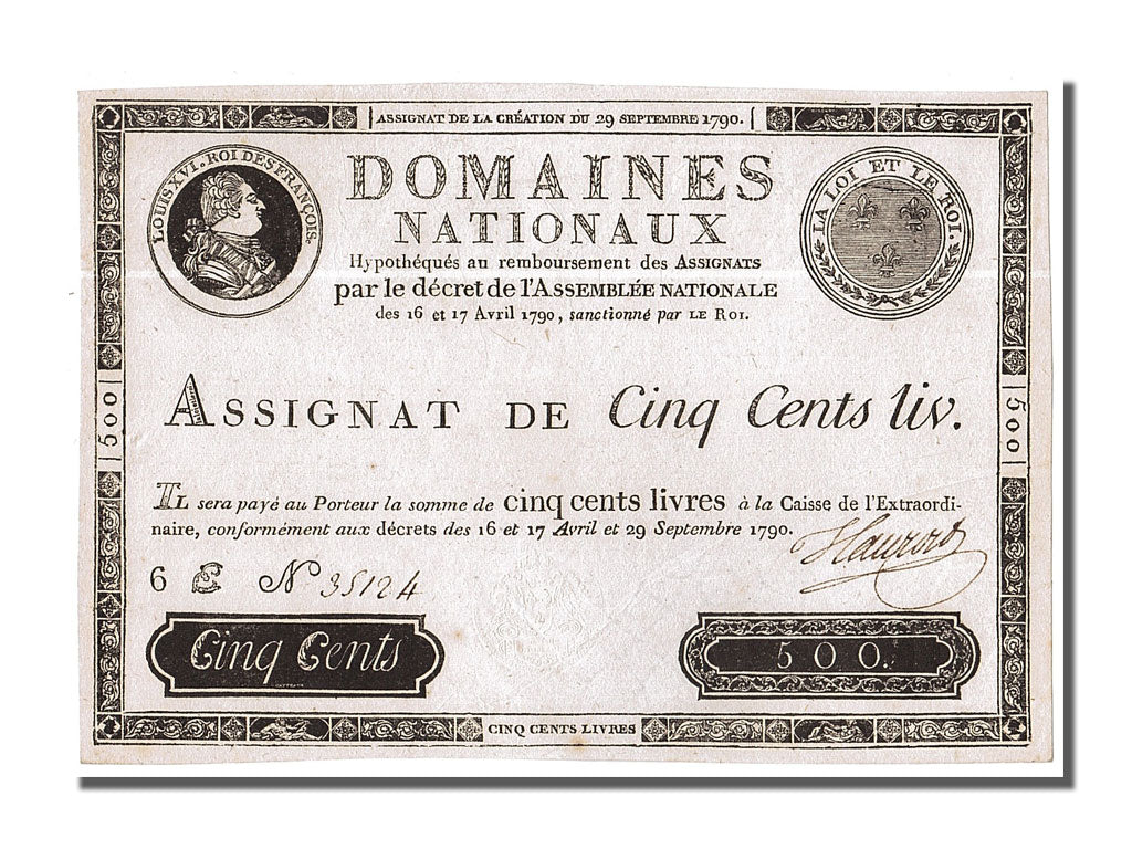FRANCE, 500 Livres, 1790, 1790-09-29, AU(55-58), 6 E N° 35124, Lafaurie #135...