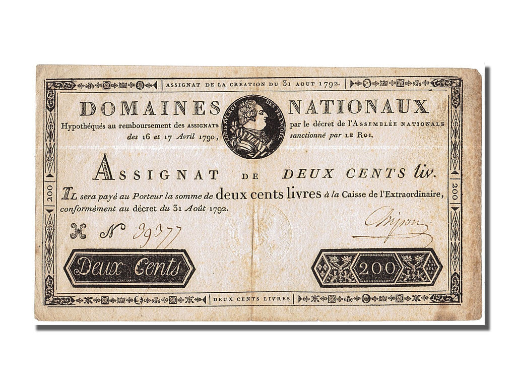 Banknote, France, 200 Livres, 1792, Chipon, 1792-08-31, AU(55-58), KM:A63