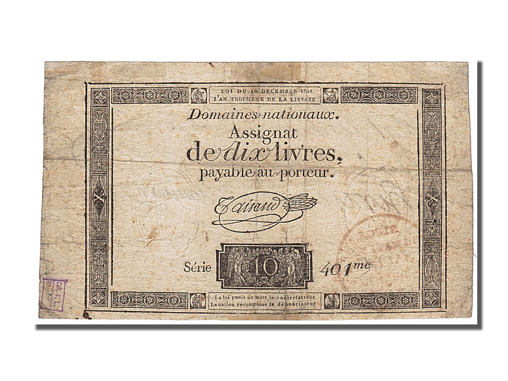 FRANCE, 20 Livres on 10 Livres, 1793, 1793-05-01, VF(30-35), Lafaurie #227,...