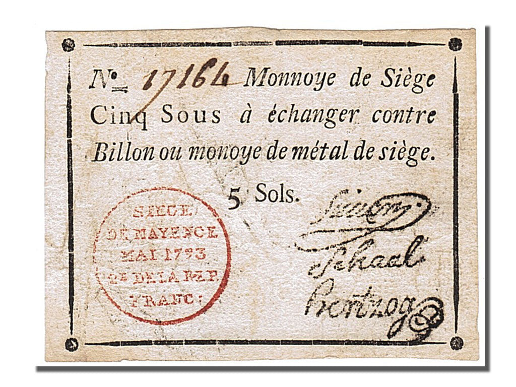 Banknote, Germany, 5 Sous, 1793, EF(40-45), KM:S1475a, Lafaurie:243