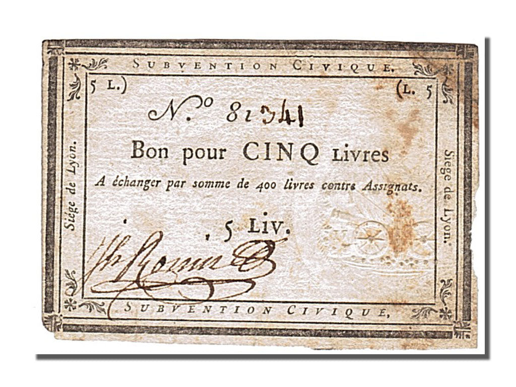 Siège de Lyon, 5 Livres émission des 28 et 31 août 1793