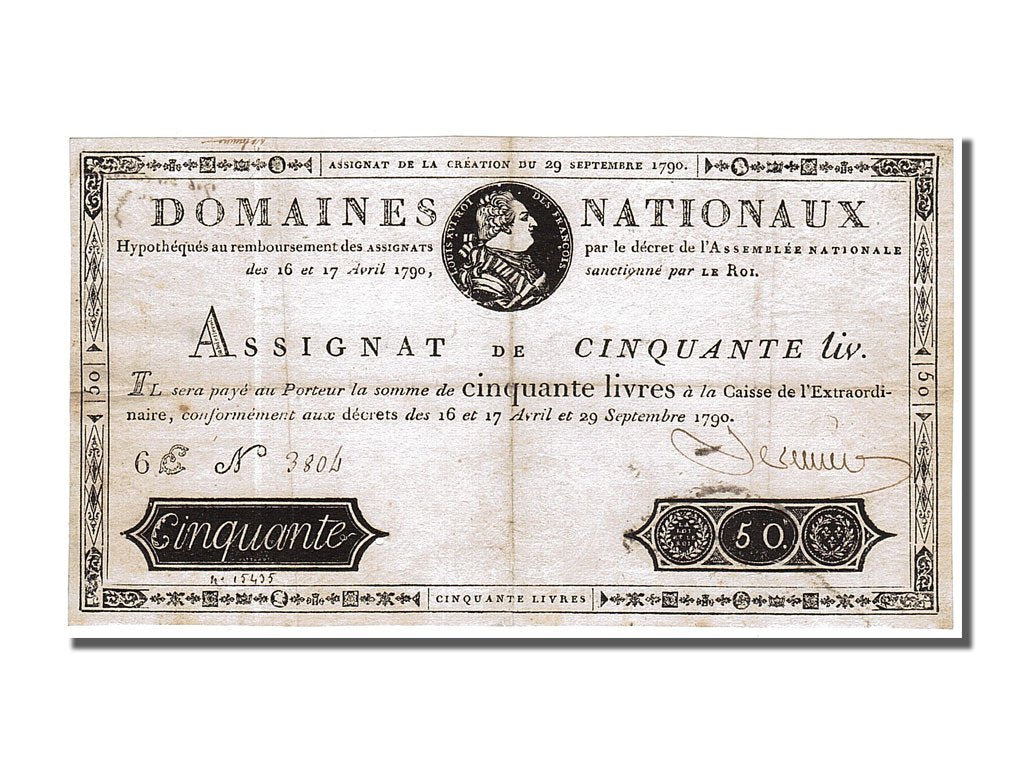 France, 50 Livres, 1790, KM #A34, 1790-09-29, AU(55-58), 6E N° 3804, Lafauri...