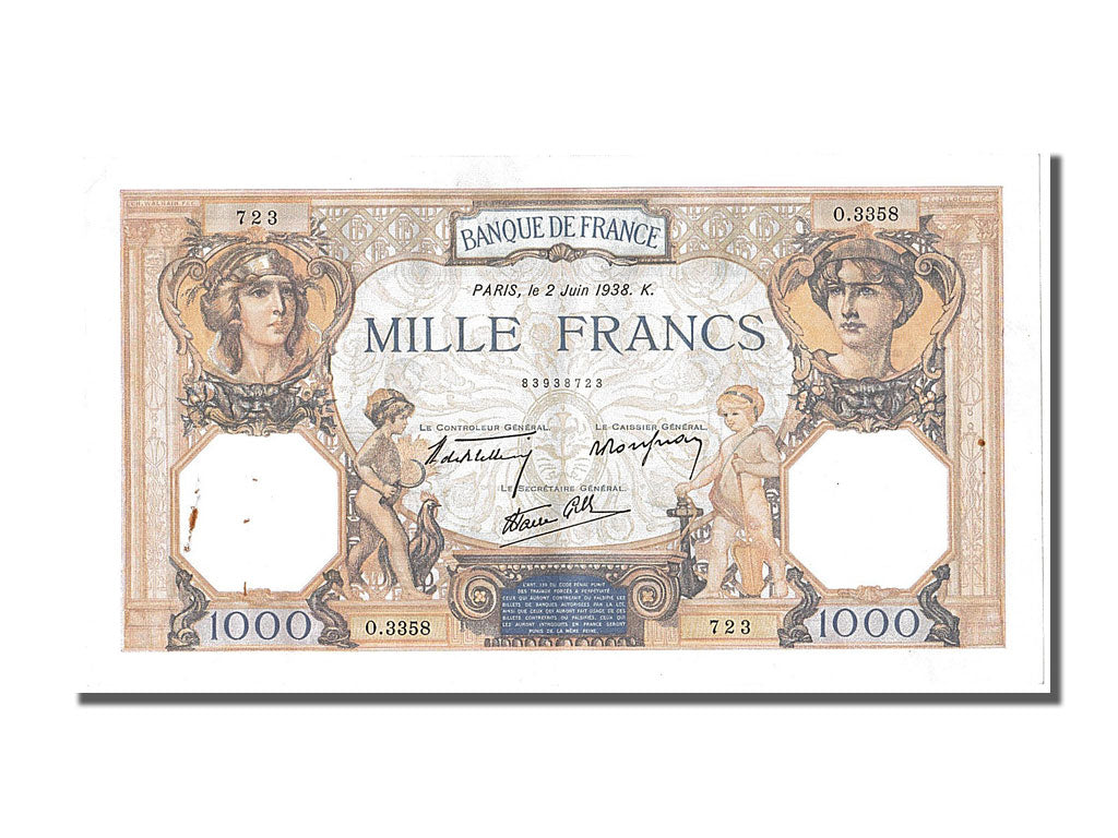 France, 500 Francs, 1 000 F 1927-1940 ''Cérès et Mercure'', 1938, KM #88c, 1...