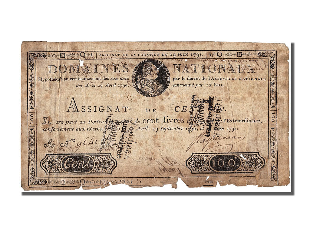 FRANCE, 100 Livres, 1791, 1791-06-19, VG(8-10), A N° 9641, Lafaurie #141...