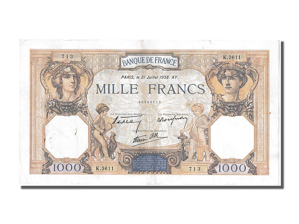 Banknote, France, 500 Francs, 1 000 F 1927-1940 ''Cérès et Mercure'', 1938