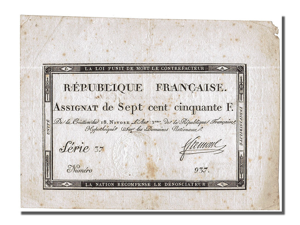 Billet, France, 750 Francs, 1795, au verso Grouvelle, SUP, KM:A79, Lafaurie:174a