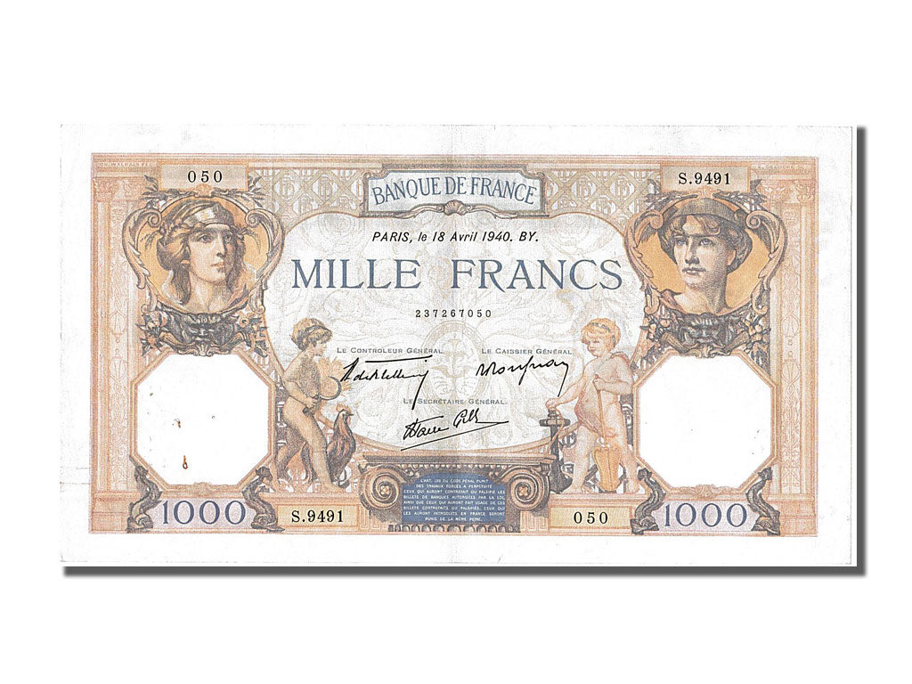 Banknote, France, 500 Francs, 1 000 F 1927-1940 ''Cérès et Mercure'', 1940