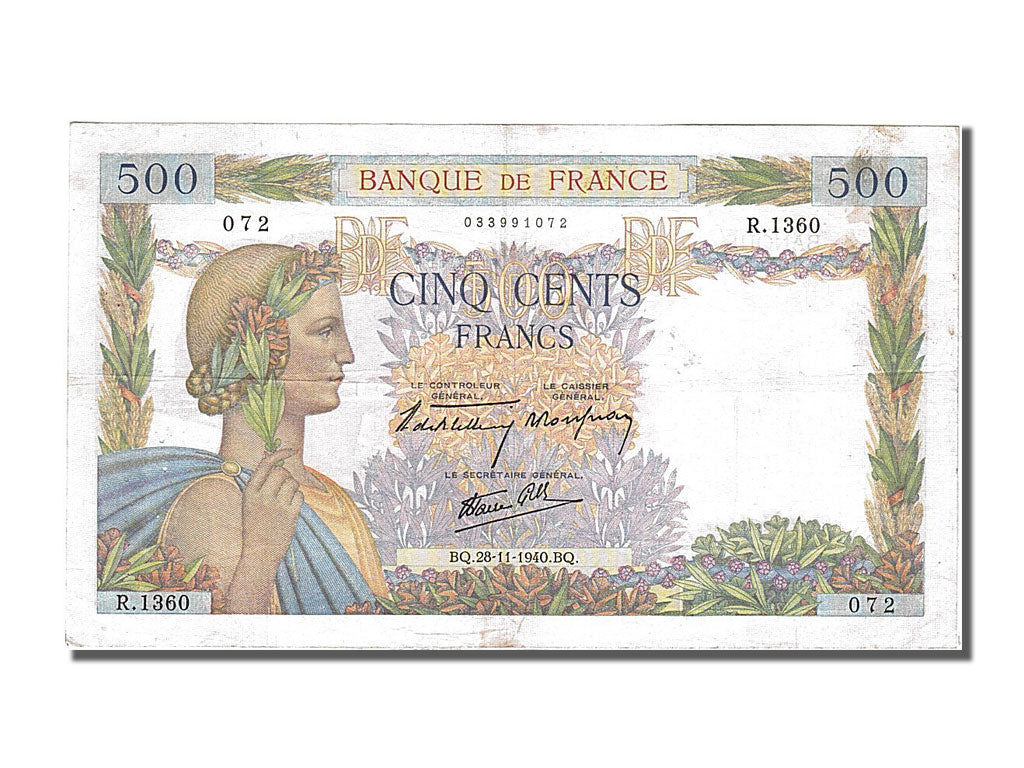 France, 500 Francs, 500 F 1940-1944 ''La Paix'', 1940, KM #95a, 1940-11-28,...