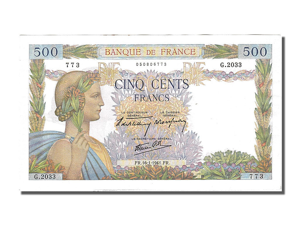 Francia, 500 Francs, 500 F 1940-1944 ''La Paix'', 1941, KM:95a, 1941-01-16, SPL