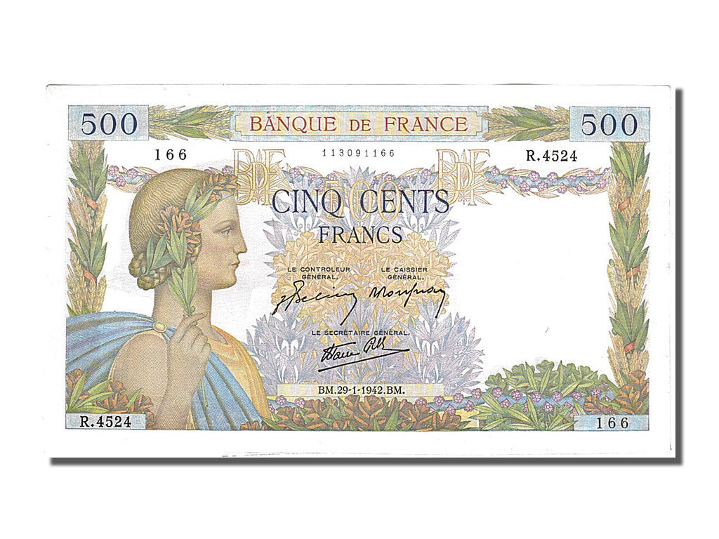 France, 500 Francs, 500 F 1940-1944 ''La Paix'', 1942, KM #95b, 1942-01-29,...