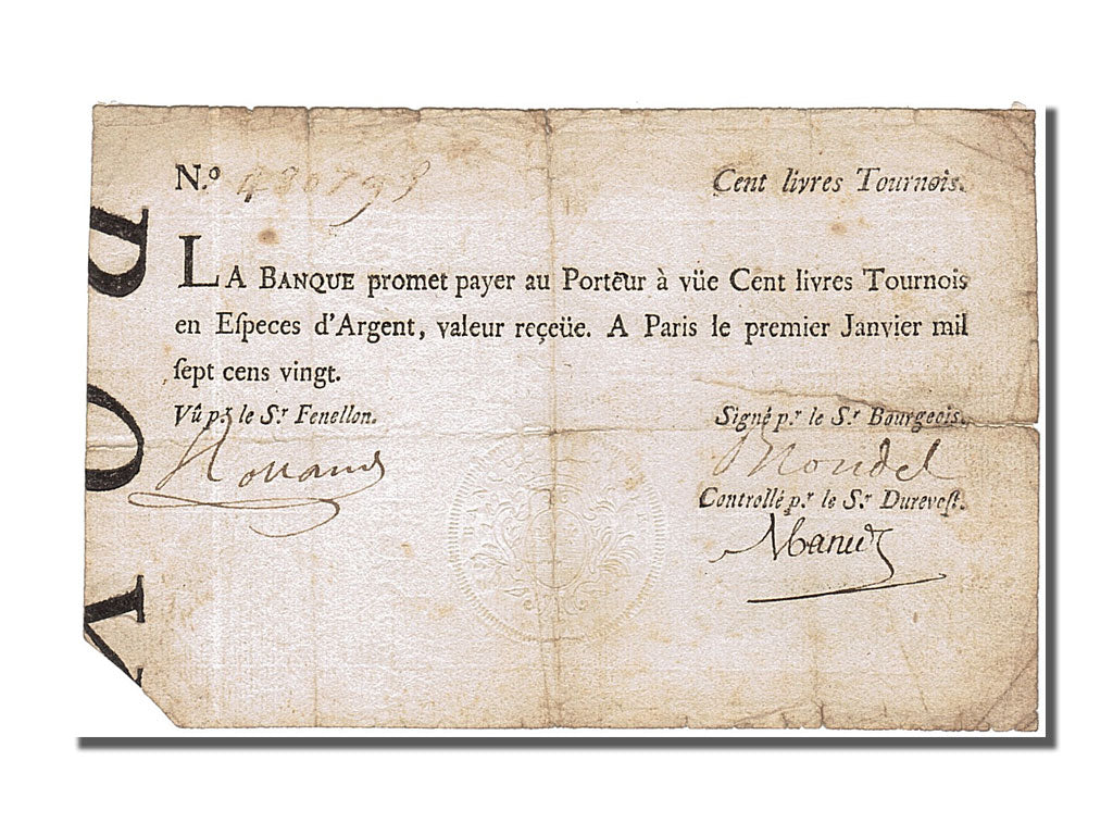 FRANCE, 100 Livres, 1720, 1720-01-01, VF(20-25), Lafaurie #90, FRANCE, 100...