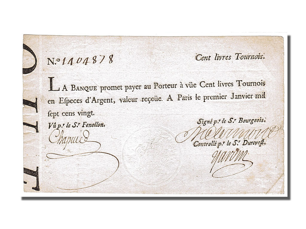 France, 100 Livres, 1720, KM #A17b, 1720-01-01, AU(55-58), Lafaurie #90,...