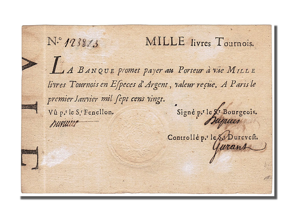 France, 1000 Livres, 1720, KM #A18b, 1720-01-01, AU(50-53), Lafaurie #91,...