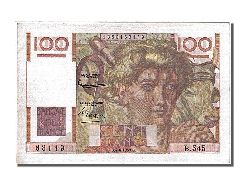 Billete, Francia, 100 Francs, 100 F 1945-1954 ''Jeune Paysan'', 1953