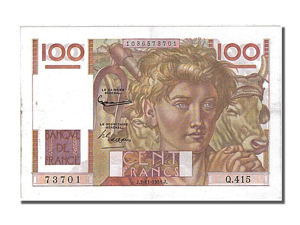 France, 100 Francs, 100 F 1945-1954 ''Jeune Paysan'', 1951, KM #128d,...