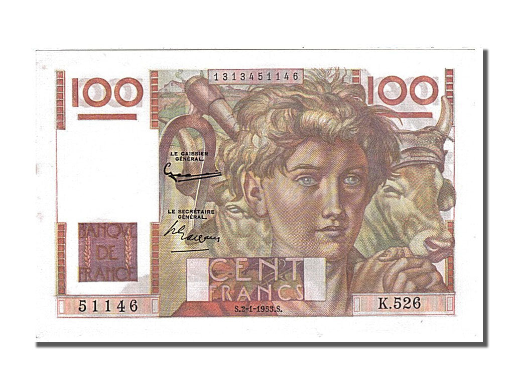 Billete, Francia, 100 Francs, 100 F 1945-1954 ''Jeune Paysan'', 1953