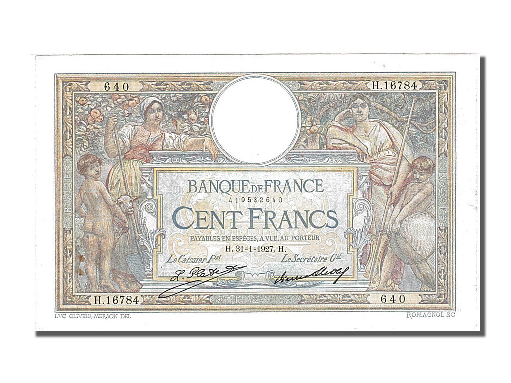 France, 100 Francs, 100 F 1908-1939 ''Luc Olivier Merson'', 1927, KM #78b,...
