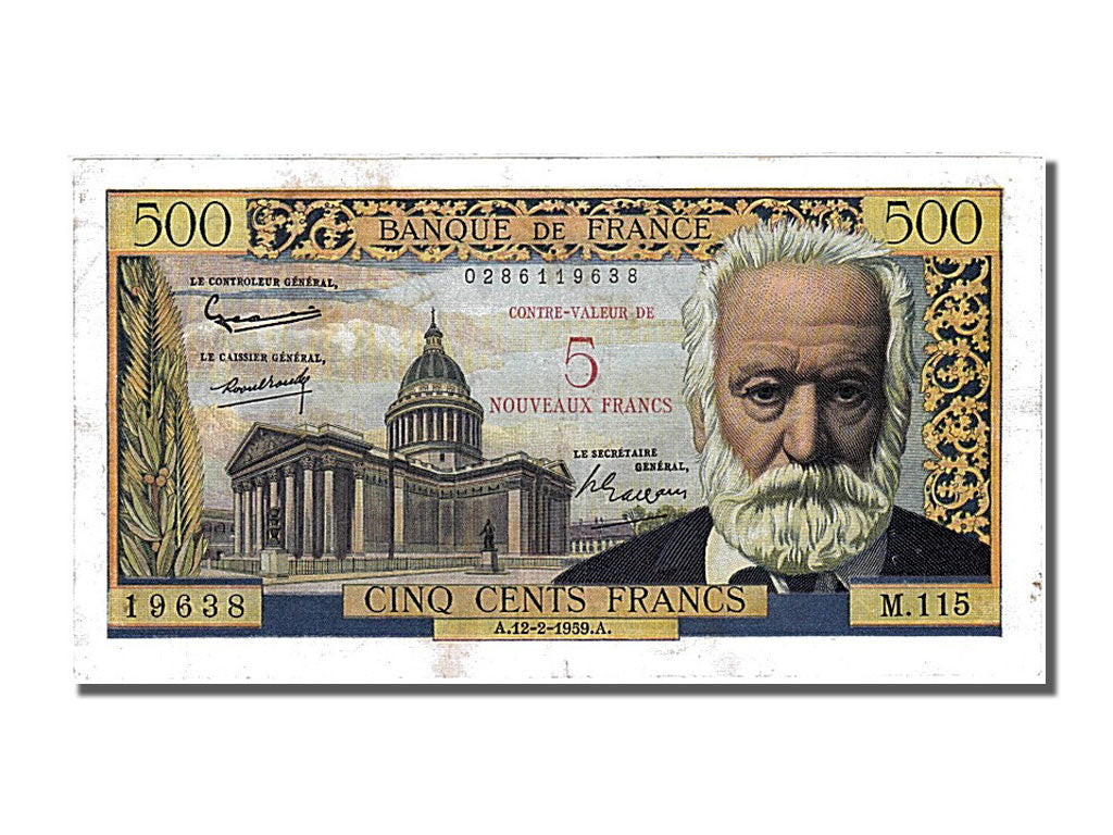 Geldschein, Frankreich, 5 Nouveaux Francs on 500 Francs, 1955-1959 Overprinted