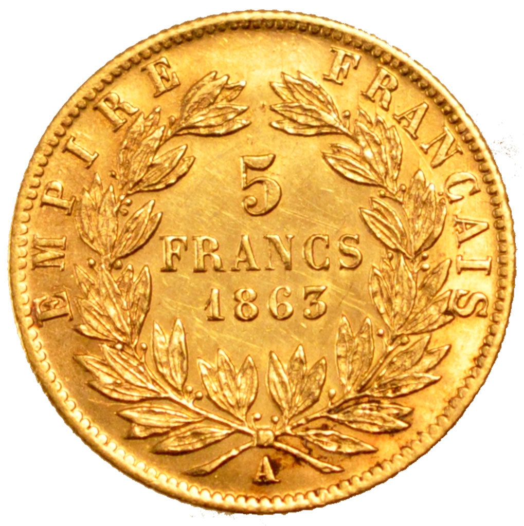 FRANCE, Napoléon III, 5 Francs, 1863, Paris, KM #803.1, AU(50-53), Gold, Gadoury