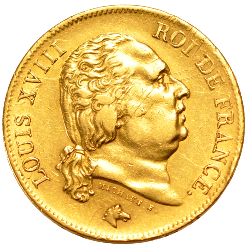 FRANCE, Louis XVIII, 40 Francs, 1818, Lille, KM #713.6, EF(40-45), Gold,...