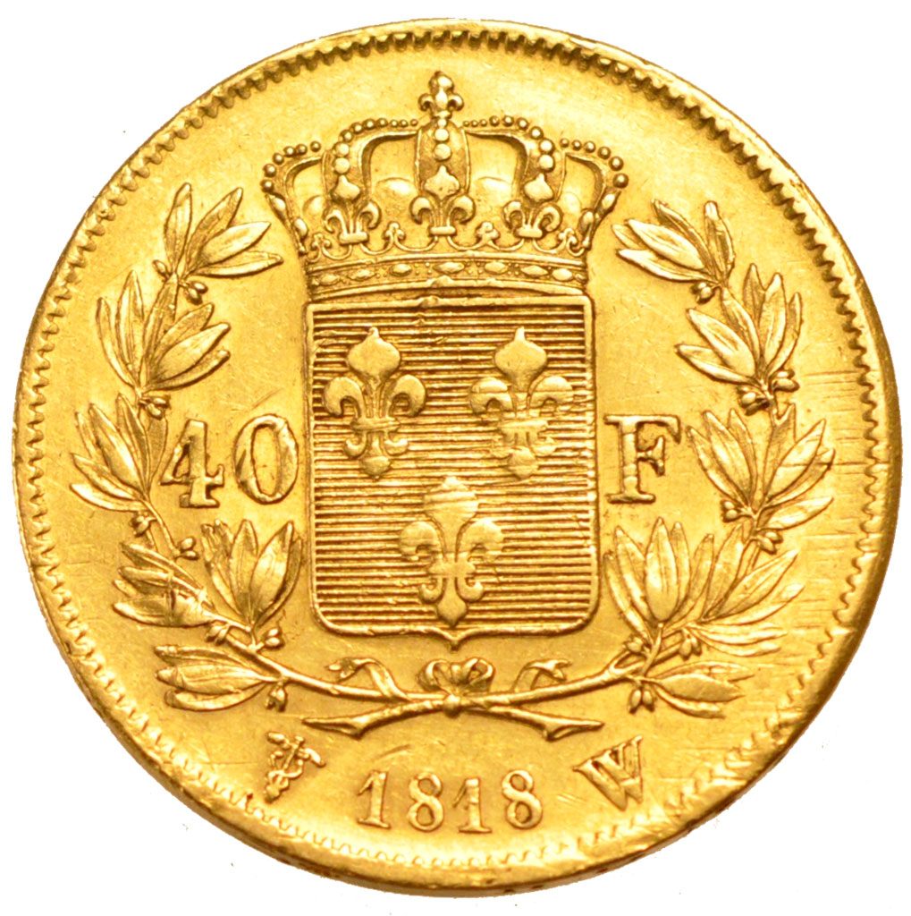 FRANCE, Louis XVIII, 40 Francs, 1818, Lille, KM #713.6, EF(40-45), Gold,...