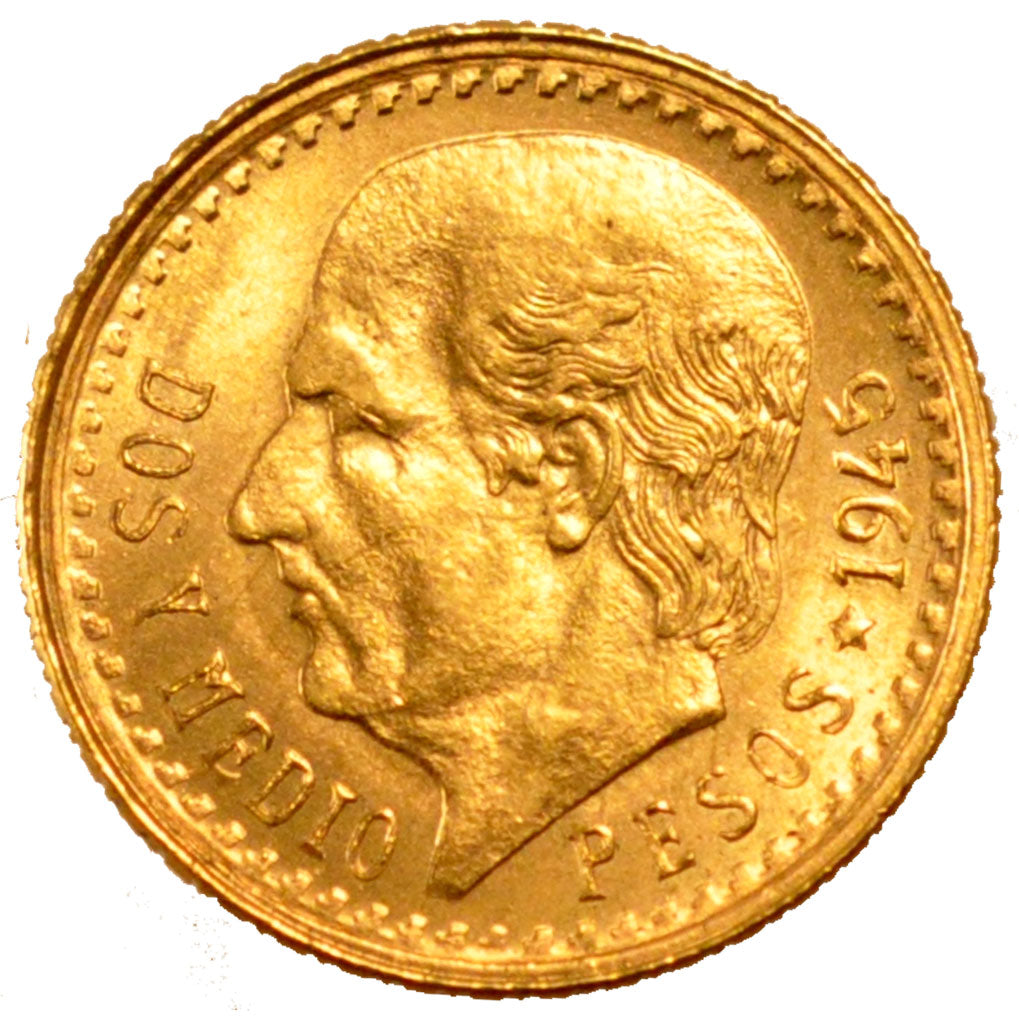 MEXICO, 2-1/2 Pesos, 1945, Mexico City, KM #463, AU(55-58), Gold, 15.5, 2.09