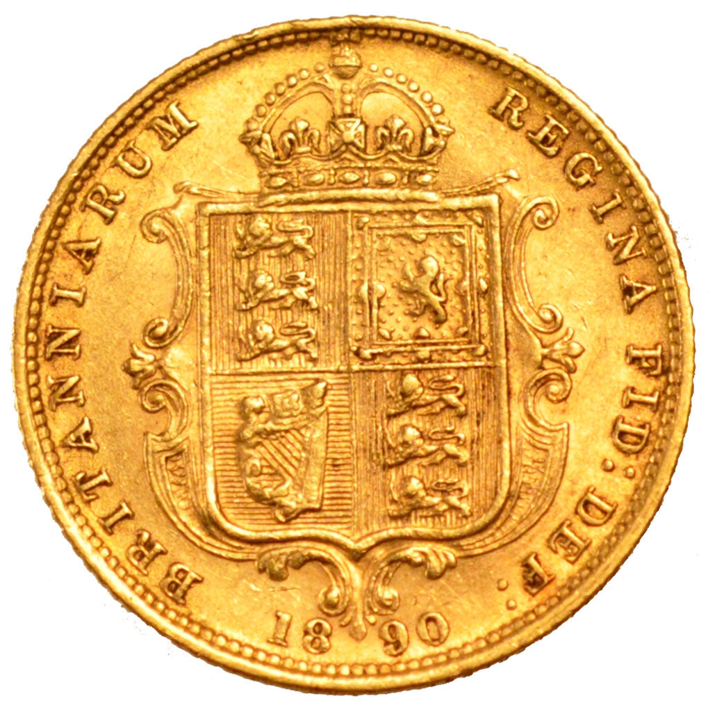GREAT BRITAIN, 1/2 Sovereign, 1890, KM #766, AU(50-53), Gold, 3.97