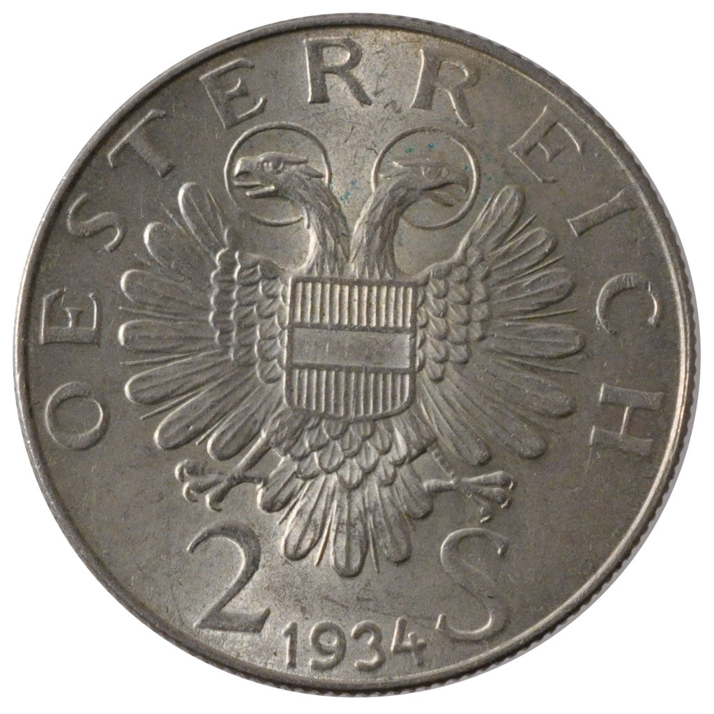 AUSTRIA, 2 Schilling, 1934, KM #2852, AU(55-58), Silver, 11.92