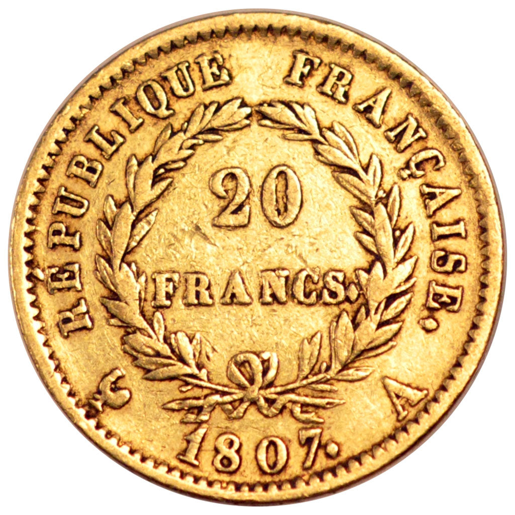 FRANCE, Napoléon I, 20 Francs, 1807, Paris, KM #687.1, EF(40-45), Gold, Gadoury 