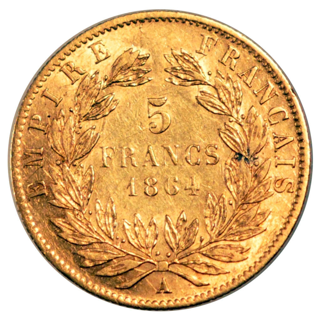 FRANCE, Napoléon III, 5 Francs, 1864, Paris, KM #803.1, AU(50-53), Gold, Gadoury