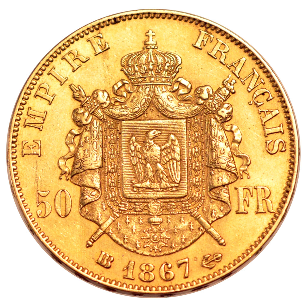 FRANCE, Napoléon III, 50 Francs, 1867, Strasbourg, KM #804.2, AU(50-53), Gold, G