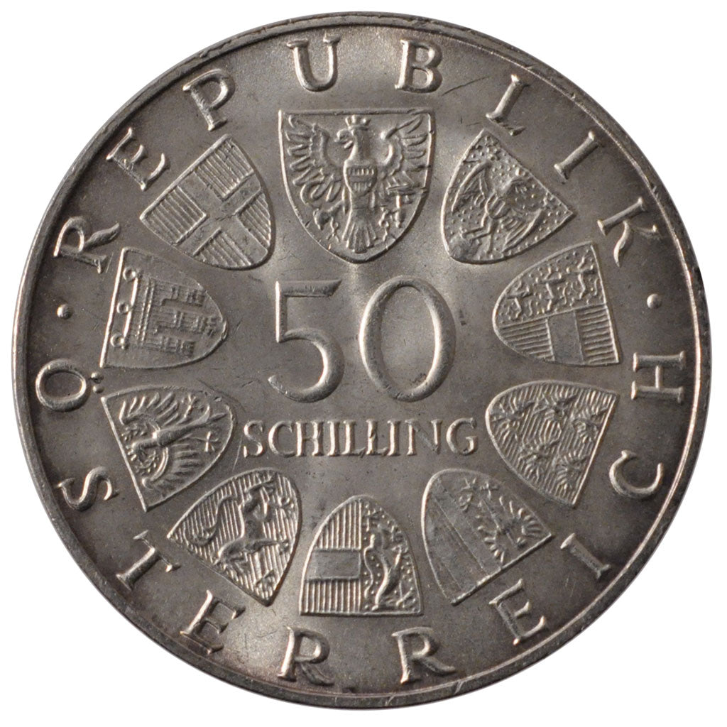 AUSTRIA, 50 Schilling, 1968, KM #2904.1, MS(60-62), Silver, 34, 19.96
