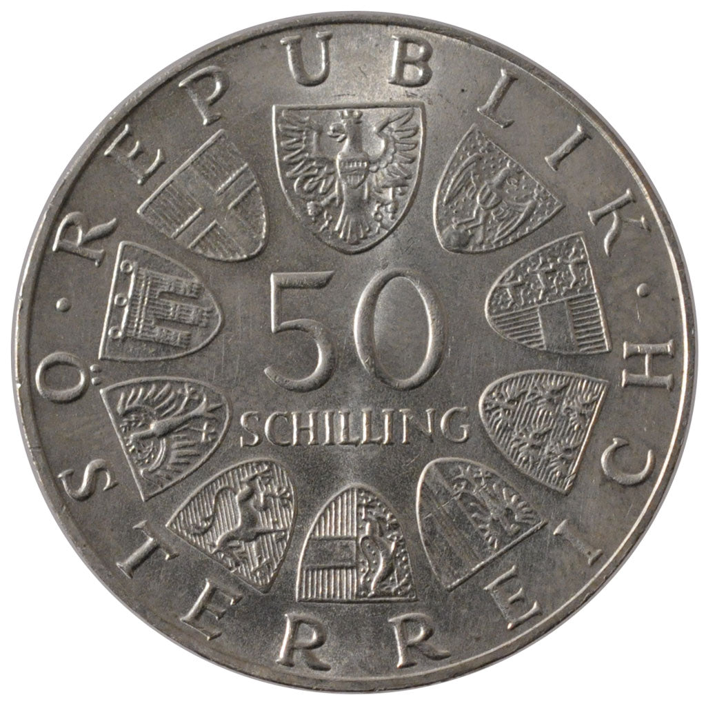 AUSTRIA, 50 Schilling, 1974, KM #2921, MS(60-62), Silver, 34, 19.92