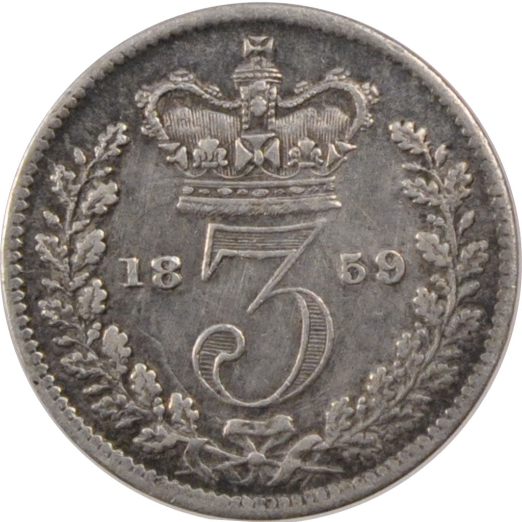 GREAT BRITAIN, 3 Pence, 1859, KM #730, EF(40-45), Silver, 1.40