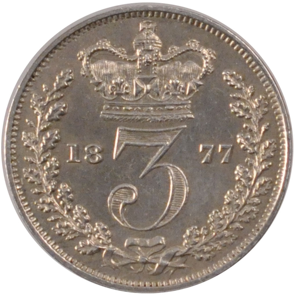 GREAT BRITAIN, 3 Pence, 1877, KM #730, AU(55-58), Silver, 1.42