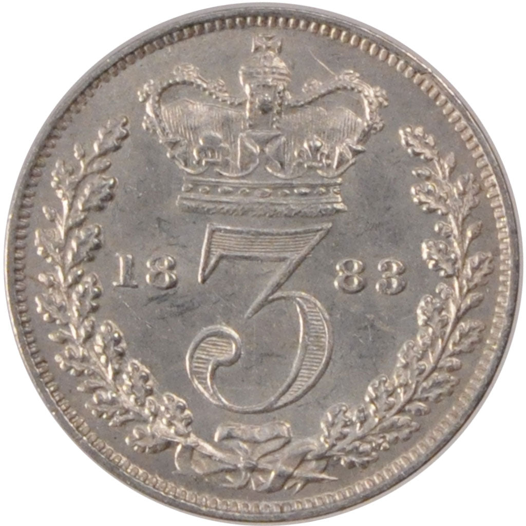 GREAT BRITAIN, 3 Pence, 1883, KM #730, AU(55-58), Silver, 1.40