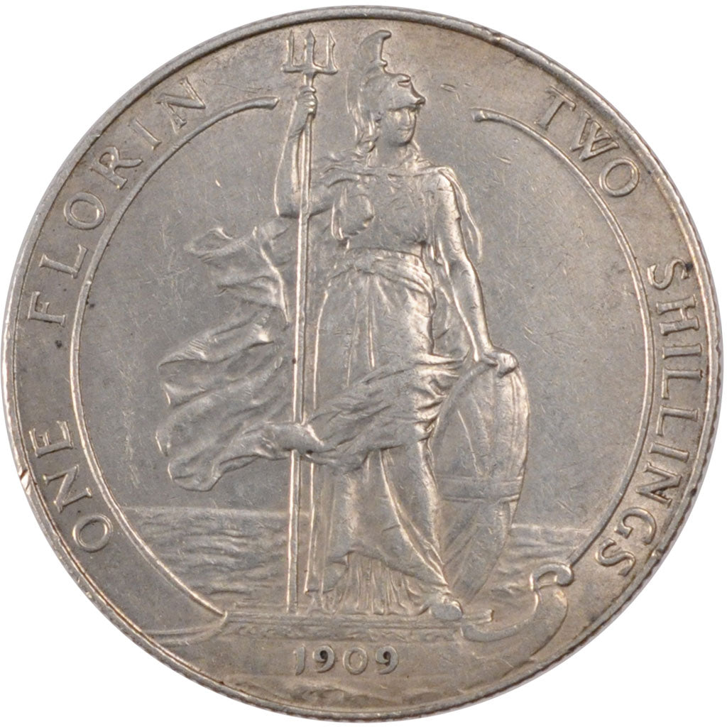 GREAT BRITAIN, Florin, Two Shillings, 1909, KM #801, EF(40-45), Silver, 28.3,...
