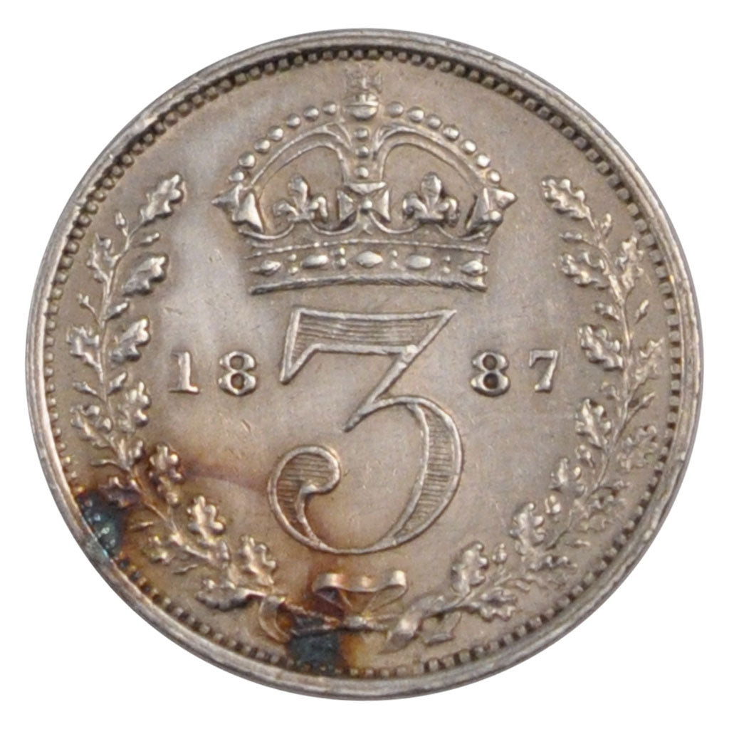 GREAT BRITAIN, 3 Pence, 1887, KM #758, AU(50-53), Silver, 1.40
